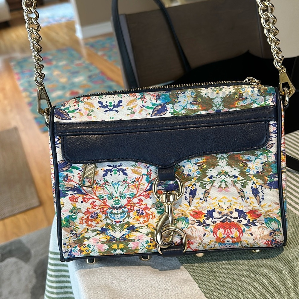 Rebecca Minkoff spring crossbody with gold hardware and dark blue accents